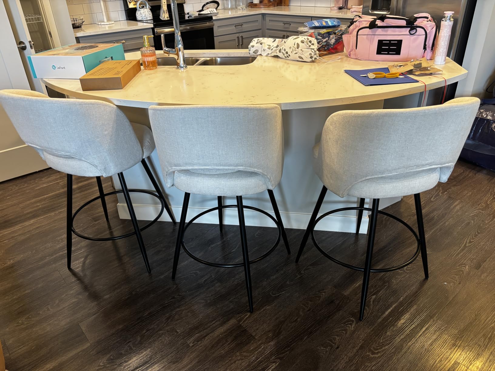 LUE BONA 26''H Swivel Bar Stools Set of 3, Counter Height Bar Stools with Backs, Lumbar Pillow and Black Metal Frames, Upholstered Modern Barstools for Kitchen Island, Linen Farbic, Linen Color customer photo 2