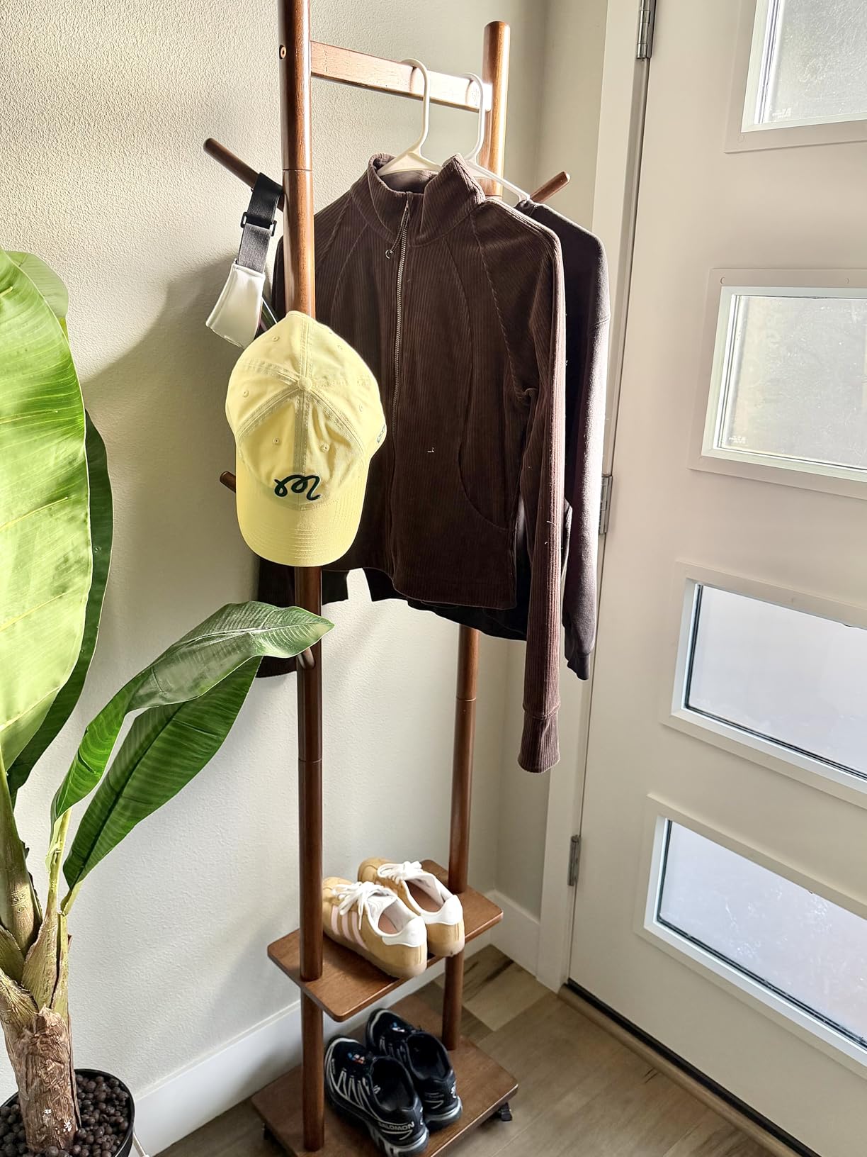 Yoobure Solid Wood Coat Rack Freestanding - Rolling Clothes Rack with 8 Hooks & Shelves, Heavy Duty Portable Hall Tree customer photo 1
