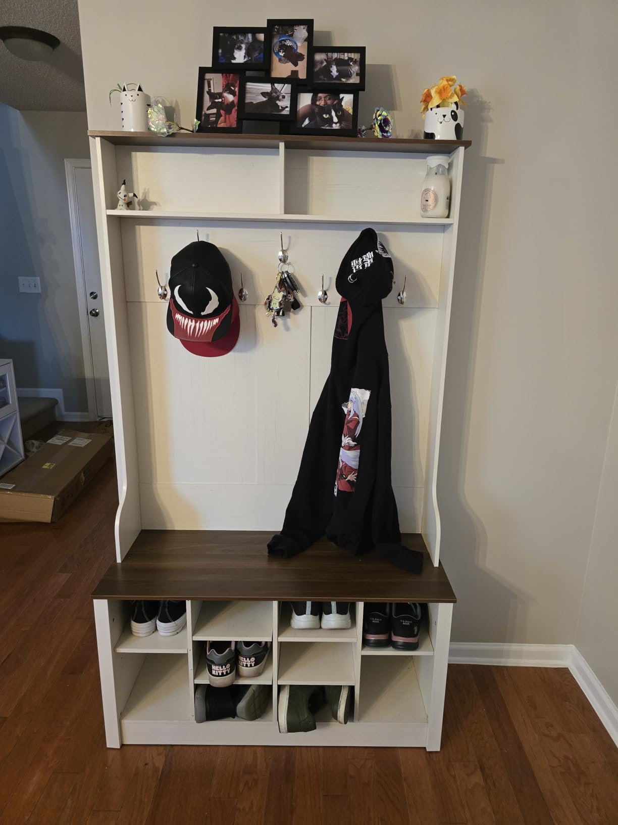 Itaar Hall Tree with Bench and Shoe Storage, 3-in-1 Entryway Bench with Coat Rack, Hall Tree with Adjustable Shoe Storage and Hanging Hooks, White and Brown (Black) customer photo 2