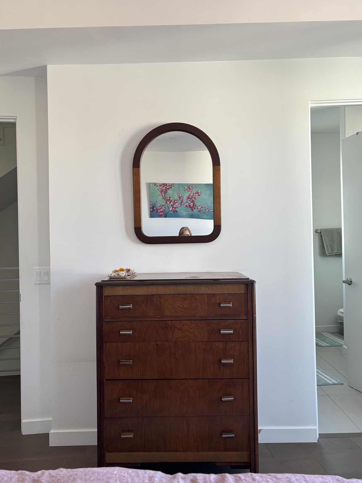 Arched Mirror 30 x 48 Inch, Walnut Brown Wood Rustic Bathroom Tempered Wall Mirror with Wood Frame, Round Corner Arch Farmhouse Wooden Vanity Mirror for Living Room, Entryway or Bedroom customer photo 2