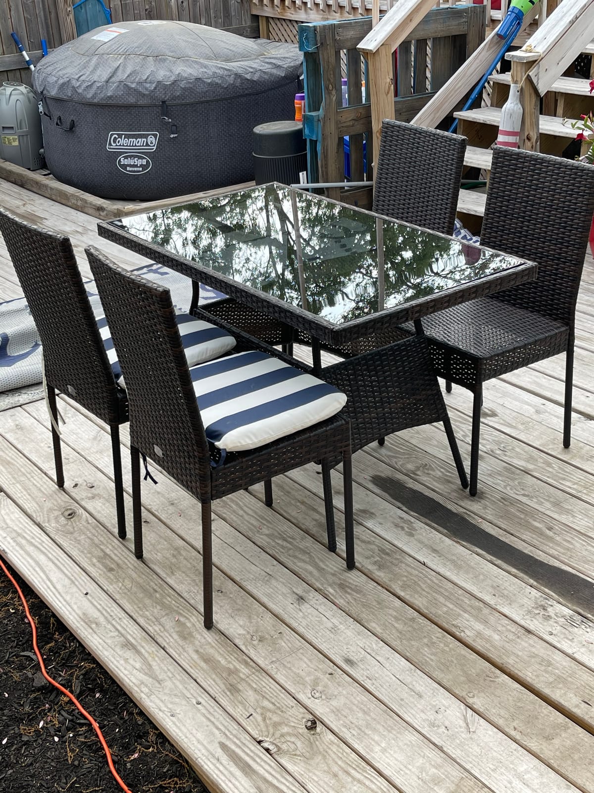 Tangkula 5 Piece Patio Wicker Dining Set, Outdoor Rattan Table and Chairs with w/Tempered Glass Table Top & Padded Cushions, Wicker Patio Conversation Furniture Set for Balcony Patio Garden Poolside customer photo 2