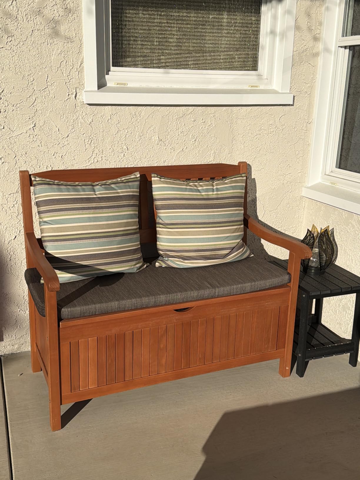 Tangkula Outdoor Wood Storage Bench Deck Box, Entryway Porch Storage Bench with Inner Removable Dust-Proof Lining & Portable Handles, Eucalyptus Wood Loveseat for Garden, Lawn, Balcony & Yard customer photo 2