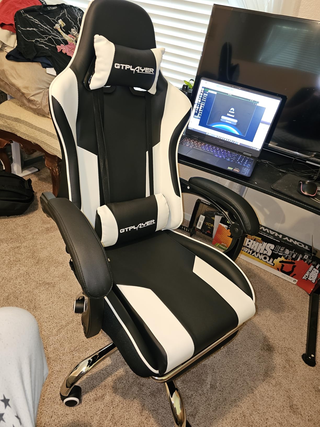 GTPLAYER Gaming Chair, Computer Chair with Footrest and Lumbar Support, Height Adjustable Game Chair with 360°-Swivel Seat and Headrest and for Office or Gaming (Faux Leather, Black) customer photo 1