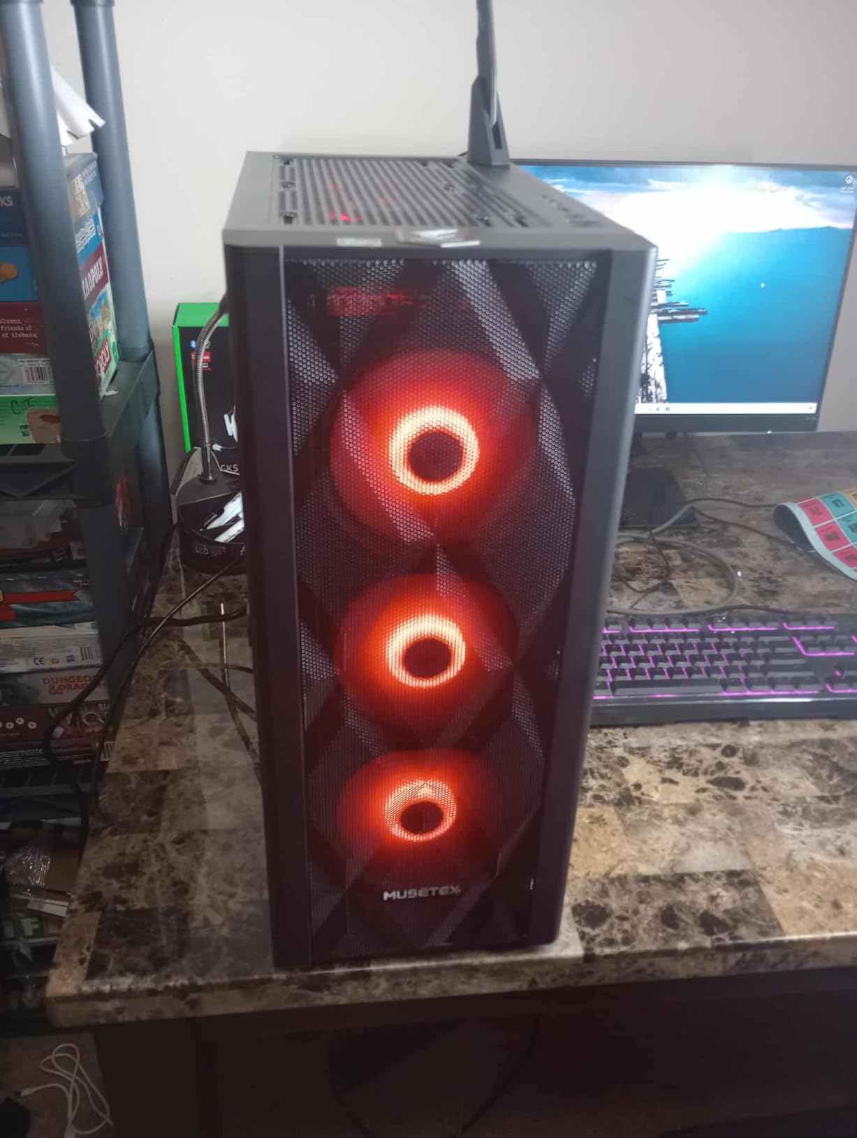 MUSETEX ATX PC Case Pre-Install 6 PWM ARGB Fans, Polygonal Mesh Computer Gaming Case, Opening Tempered Glass Side Panel Mid-Tower Case, USB 3.0 x 2, Black, NN8 customer photo 1