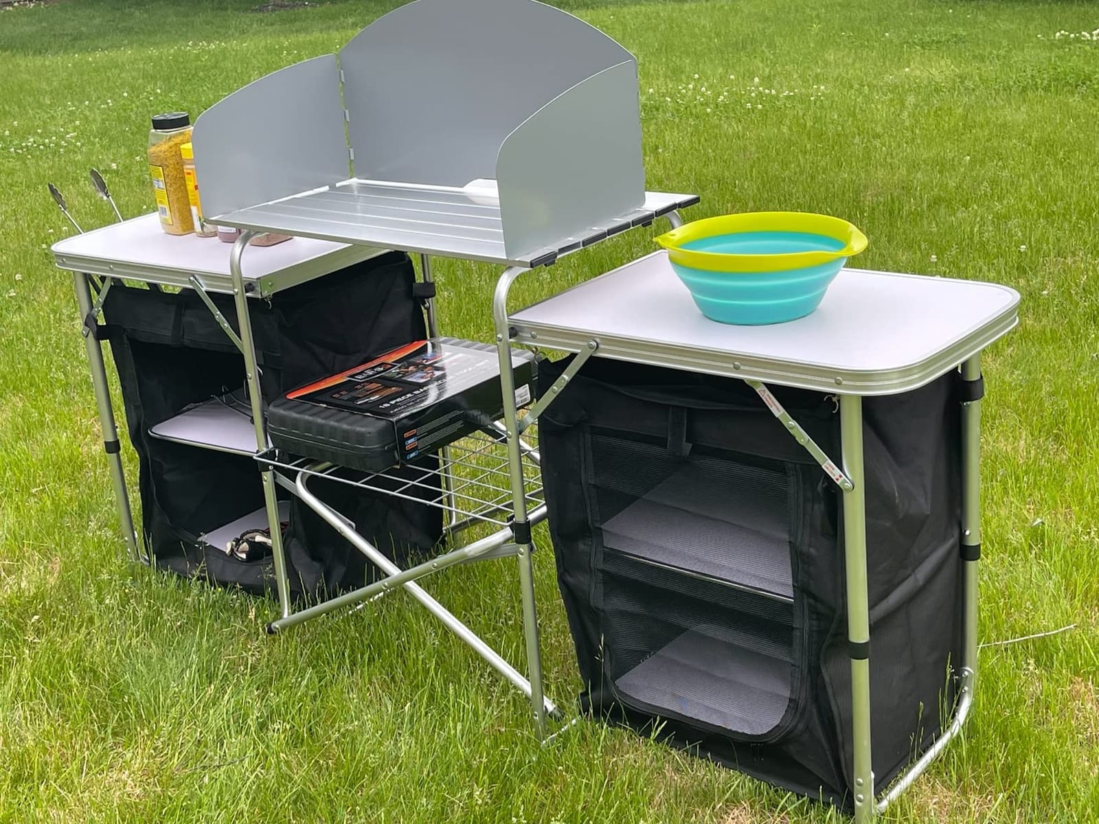 Goplus Folding Camping Kitchen Table with Storage, Aluminum Portable Outdoor Cooking Table with Windscreen, Foldable Camp Table Cook Station for BBQ, Grill, Party, Picnics, 68D x 19W x 43.5H in, Black customer photo 2