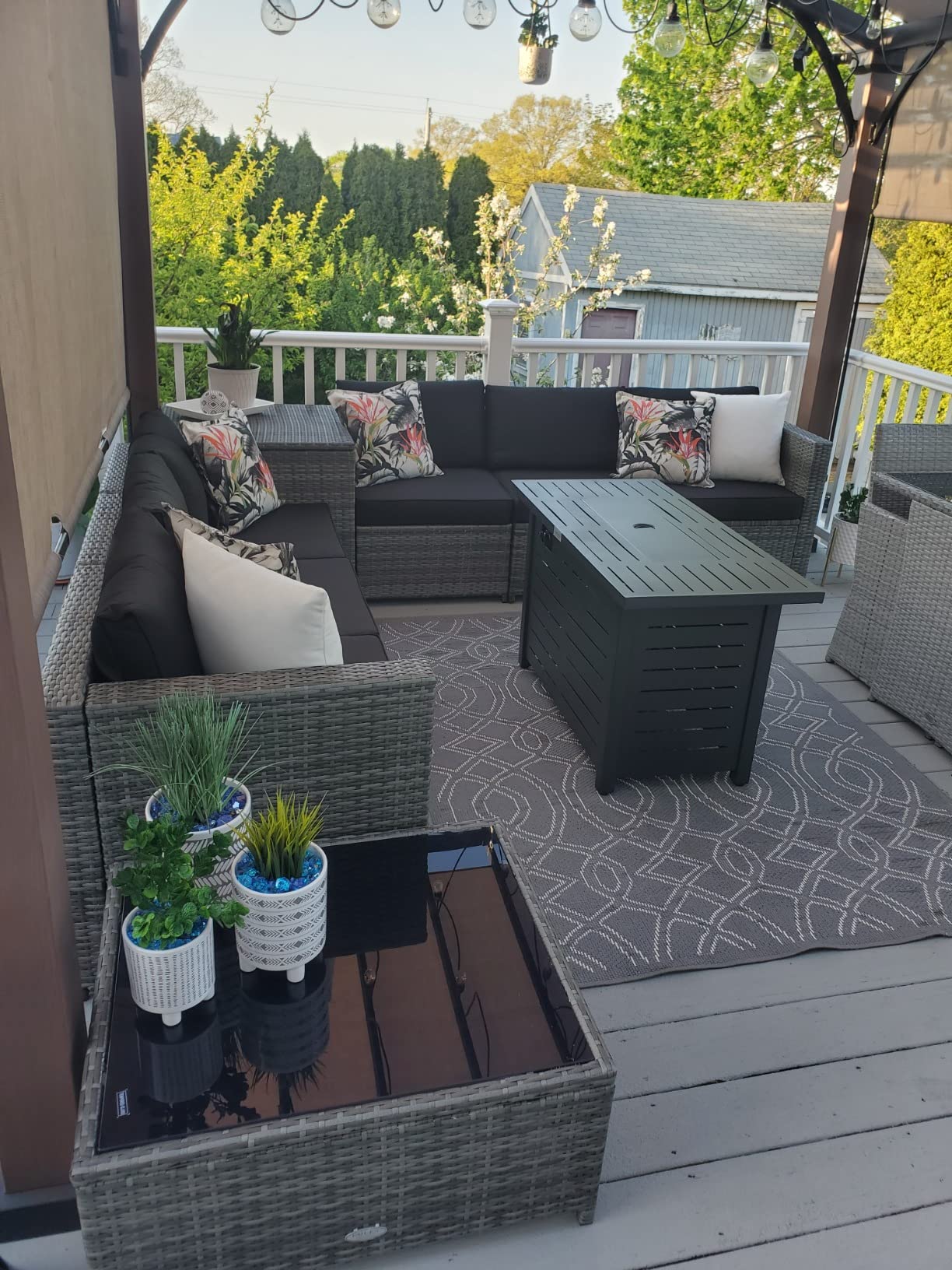 Tangkula 9 Pieces Patio Rattan Furniture Set, Patiojoy Sectional Sofa Set w/Storage Box, Coffee Table, Outdoor Wicker Conversation Set w/ 42” ETL Approved Propane Fire Pit Table (Black) customer photo 1