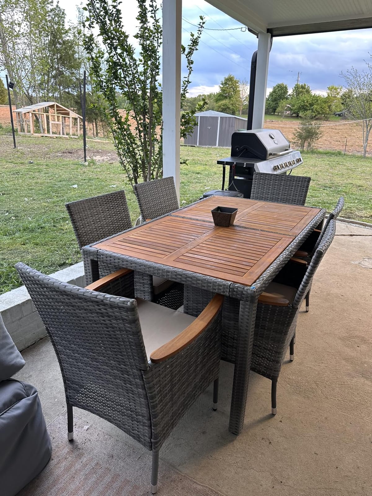 Devoko 7 PCS Acacia Wood Patio Dining Set, Black Rattan customer photo 1