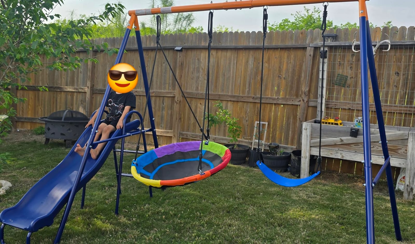 Lunafun Swing Sets for Backyard with Trampoline 440lbs with Heavy-Duty Metal A-Frame Outdoor Swing Set with 1 Saucer Swing Seat 1 Swings Seat & 1 Trampoline customer photo 1
