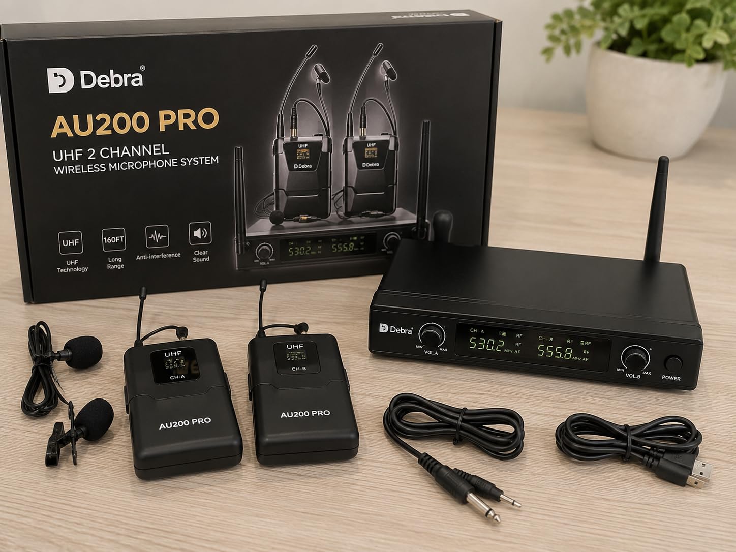 D Debra Audio AU200 Pro UHF 2 Channel Wireless Microphone System with Cordless Handheld Lavalier Headset Mics, Metal Receiver, for Karaoke Church Party (2 Bodypack) customer photo 2