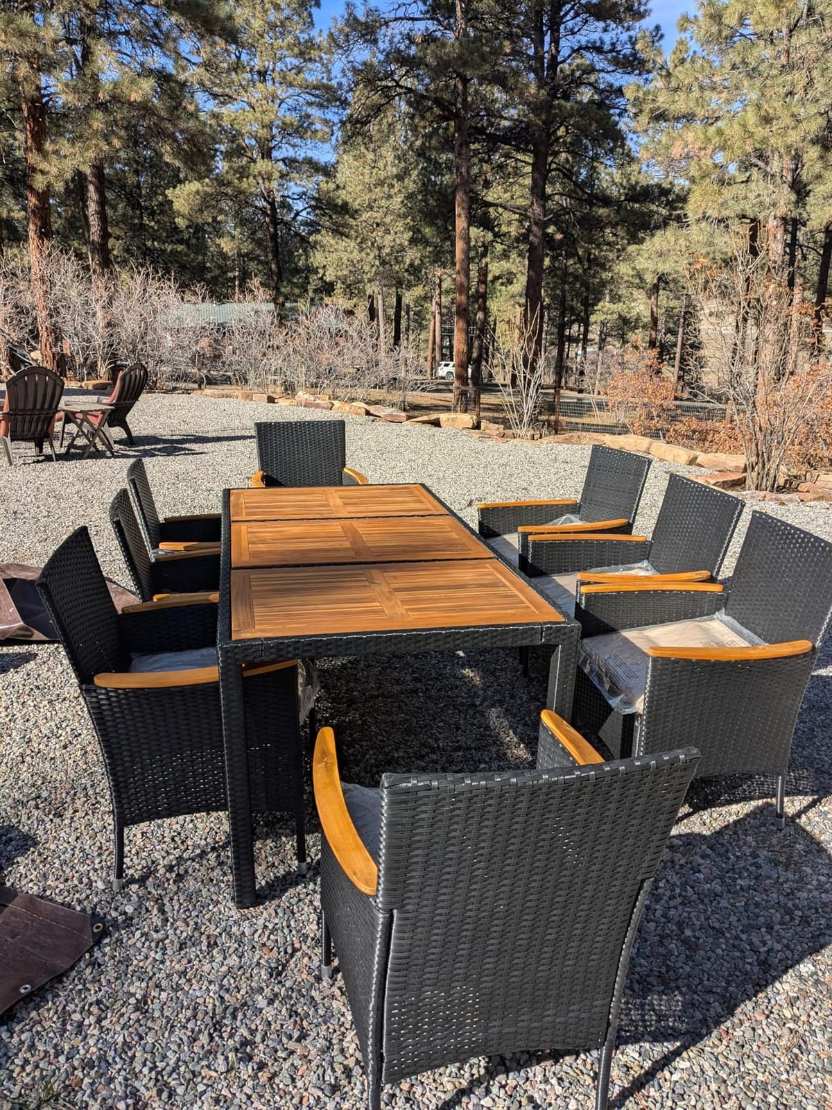 Devoko 9 PCS Acacia Wood Patio Dining Set, Black Rattan customer photo 2