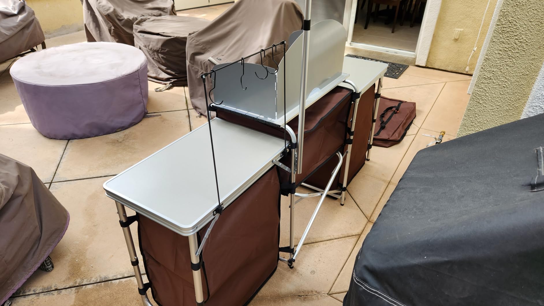 VEVOR Camping Kitchen Table, Folding Outdoor Cooking Table with Storage Carrying Bag, Aluminum Cook Station 3 Cupboard & Detachable Windscreen, Quick Set-up for Picnics, BBQ, RV Traveling, Black customer photo 1