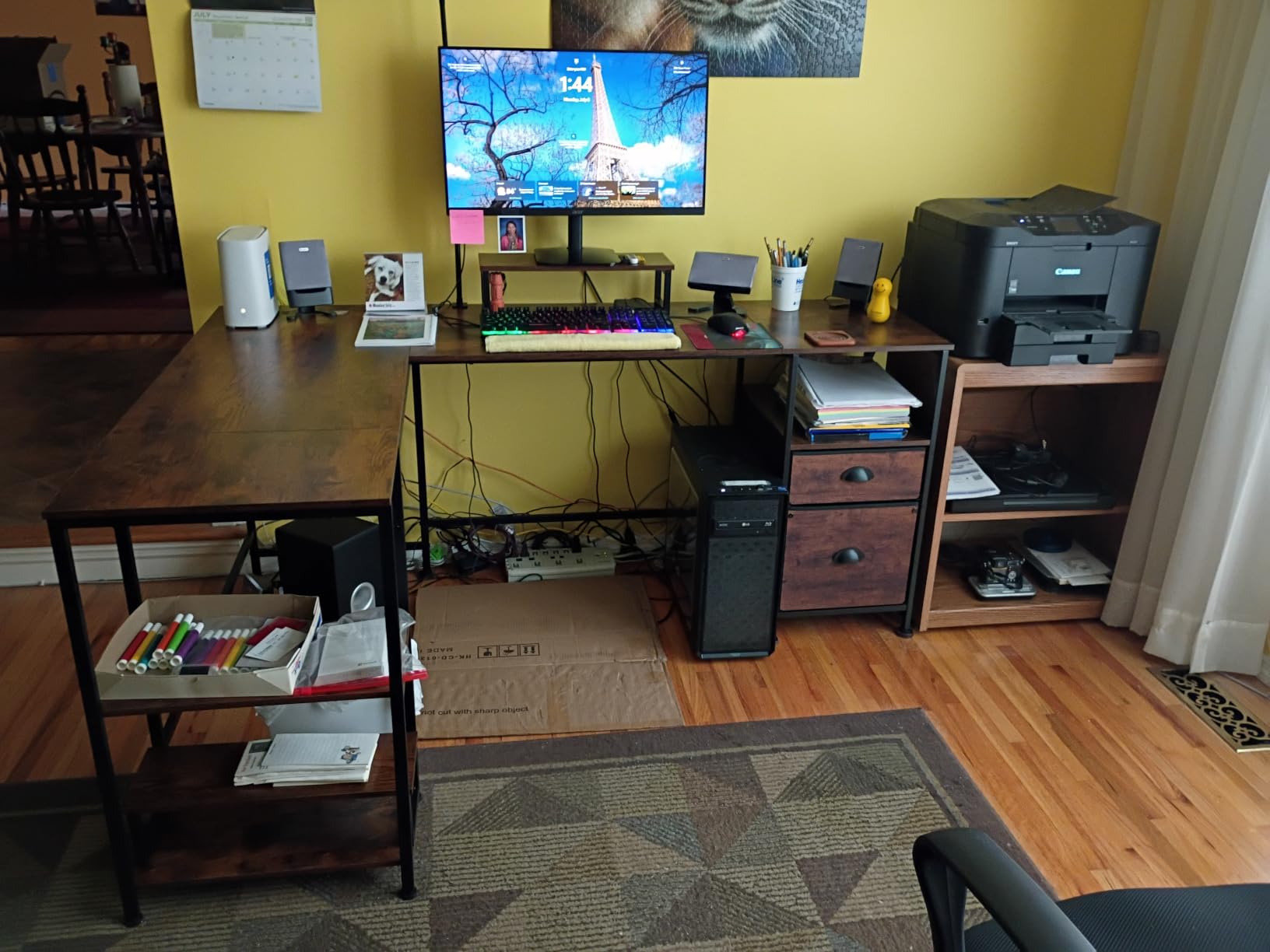 Furologee 66” L Shaped Desk with Power Outlet, Reversible Home Office Desk with File Drawer, 2 Monitor Stands, Storage Shelves, Corner Computer Table for Gaming, Writing, Rustic Brown customer photo 1