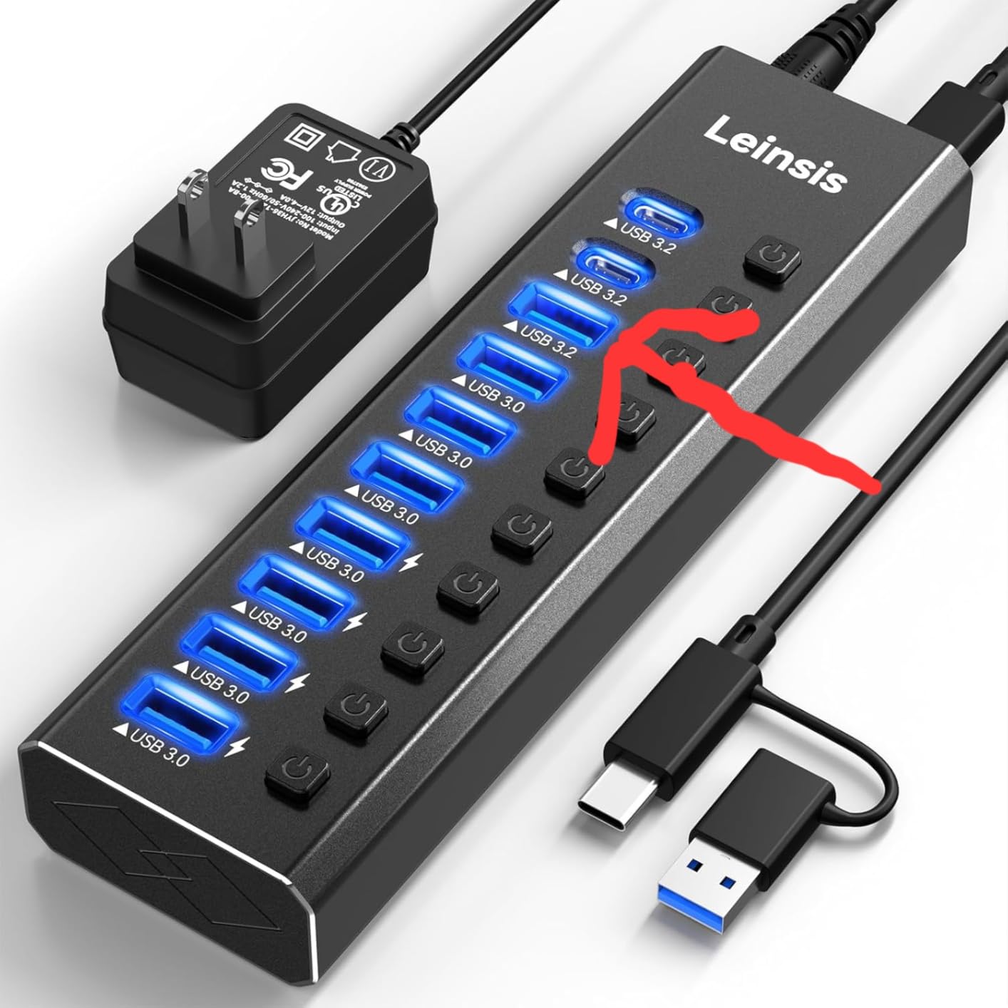 Powered USB Hub 3.2, LEINSIS 10-Port USB 3.2/USB C Hub (10Gbps USB-A 3.2 +2 USB-C 3.2 +7 USB 3.0 Ports) with Individual On/Off Switches and 12V Power Adapter, Aluminum USB Hub Powered for Laptop PC customer photo 2