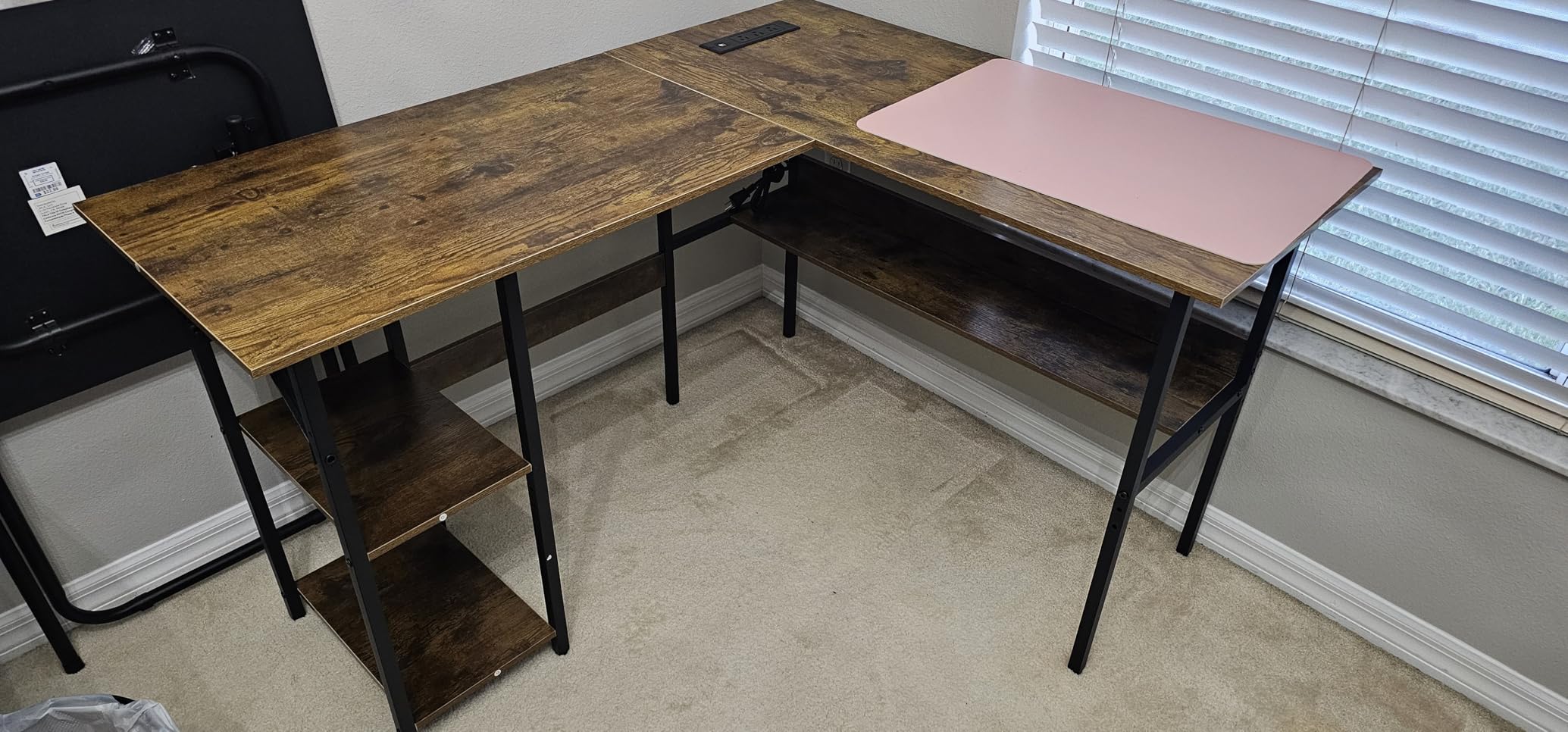 Unikito Reversible L Shaped Desk with Magic Power Outlets and USB Charging Ports, Sturdy Corner Computer Desk with Storage Shelves, Gaming Table Home Office Desk, Easy to Assemble, Black customer photo 1