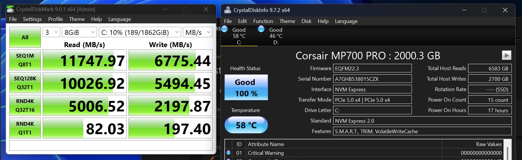 Corsair MP700 PRO 1TB M.2 PCIe Gen5 x4 NVMe 2.0 SSD – M.2 2280 – Up to 11,700MB/sec Sequential Read – High-Density TLC NAND – Black customer photo 2