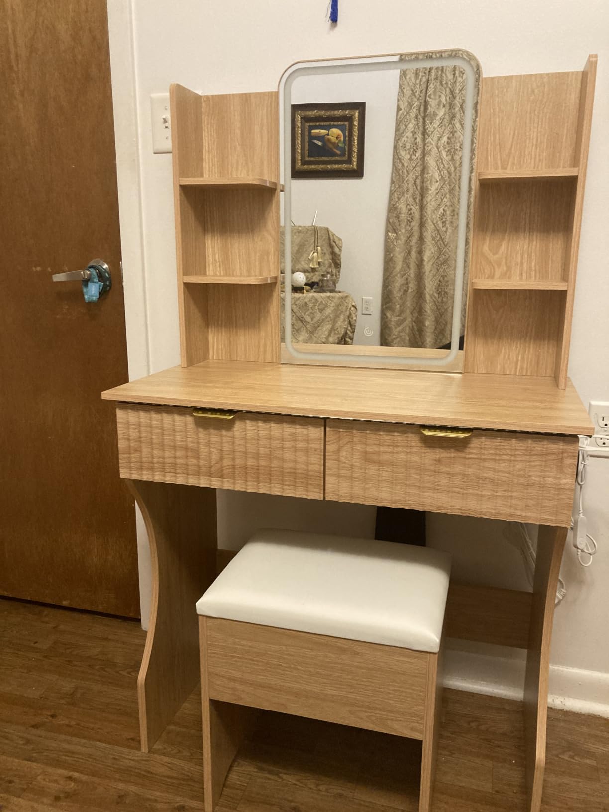 Vanity Desk with LED Lights Mirror & Power Outlet, Small Makeup Vanity Table Set with Storage Drawers & Chair, 3 Lighting Modes & Adjustable Brightness, Dressing Table for Women Girls Bedroom, White customer photo 2