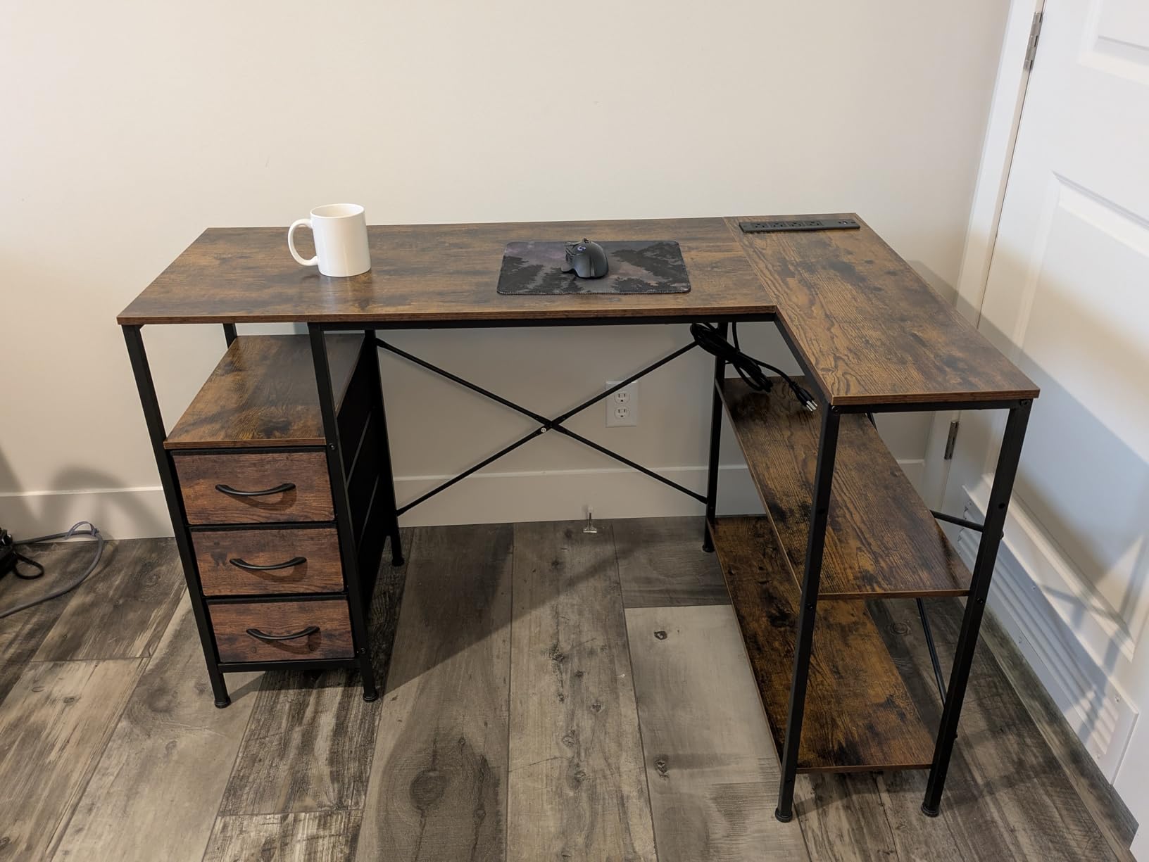 Huuger L Shaped Office Desk with Power Outlets & 3 Drawers | 47 Inch Computer Desk with Shelves, for Gaming, Corner Work, Home Office, Study, Rustic Brown customer photo 1