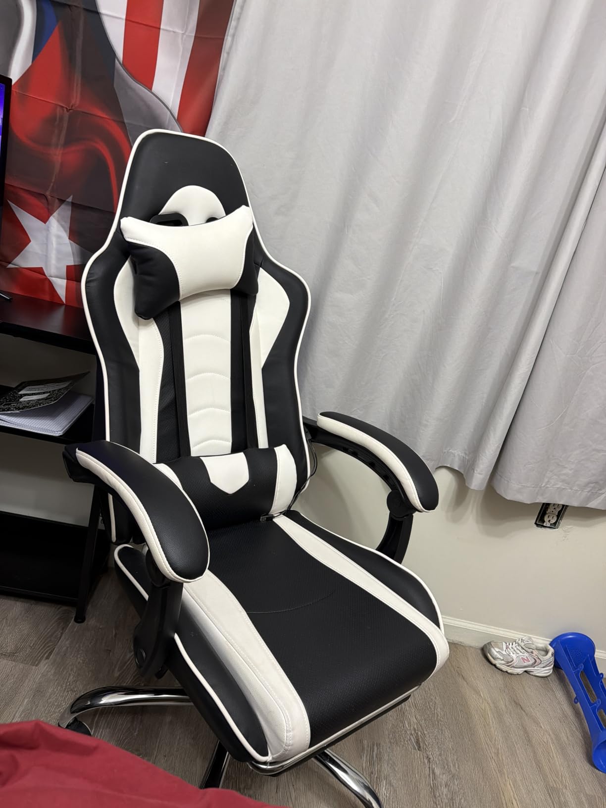 Yaheetech Gaming Chair with Footrest Massage Lumbar Pillow Black and Red | Foam-padded PU leather racing seat and plush headrest recline with a slide-out footrest; metal frame supports up to 300 lb. customer photo 2