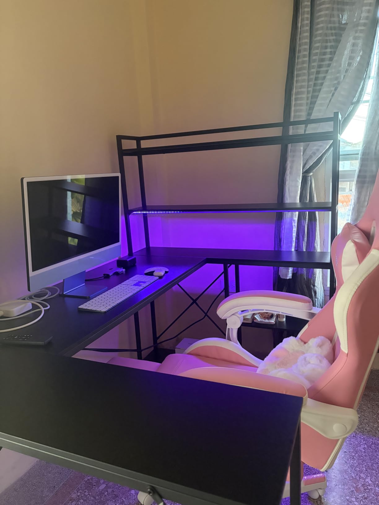 SEDETA L Shaped Gaming Desk, 63'' Reversible Computer Desk with Power Outlet and Storage Shelves, Corner Gaming Desk with LED Lights, Bookshelf for Home Office, Black customer photo 1