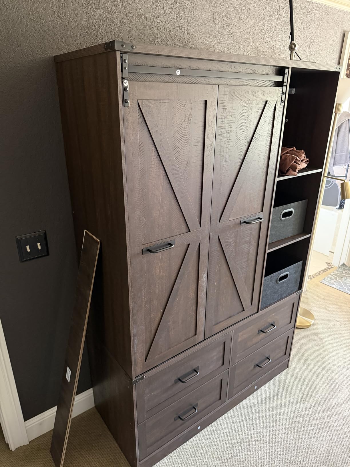 Farmhouse 4 Doors Armoire Wardrobe Closet w/Folding Sliding Barn Door and Lights, LED Armoire Closet w/Drawers for Bedroom, Freestanding Wooden Wardrobe Storage Closets w/Hanging Rod,Antique White customer photo 1