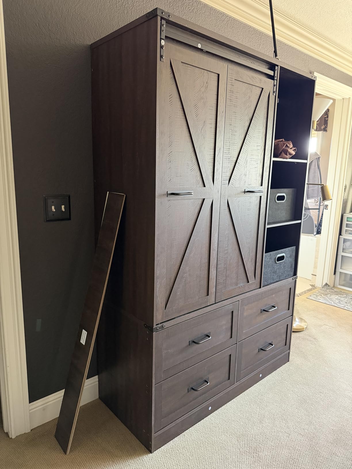 Farmhouse 4 Doors Armoire Wardrobe Closet w/Folding Sliding Barn Door and Lights, LED Armoire Closet w/Drawers for Bedroom, Freestanding Wooden Wardrobe Storage Closets w/Hanging Rod,Antique White customer photo 2