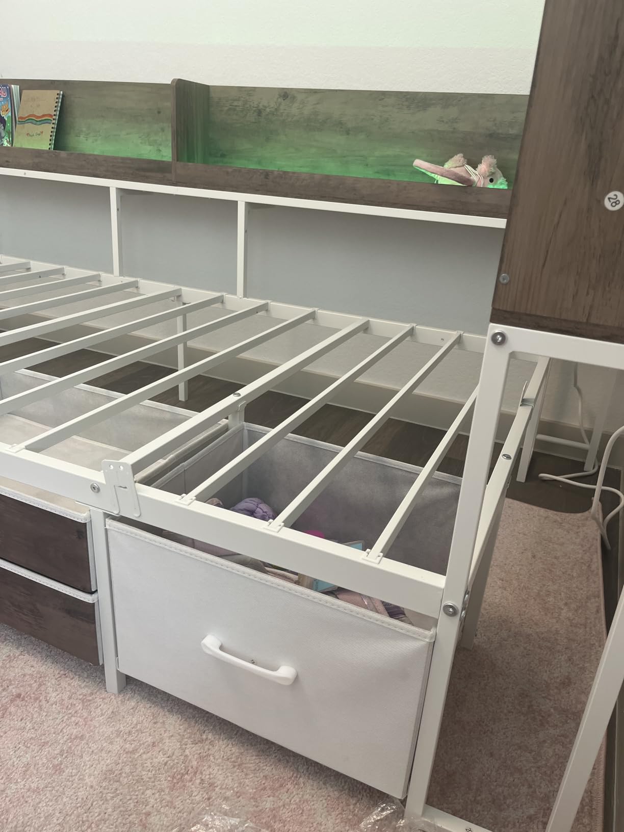 MSmask 14 Inch Corner Bed Frame with Bookcase Storage, Twin Daybed with 6 Drawers, Charging Station and LED Light, Twin Size Metal Platform Bed Frame for Kids Teenagers, White & Oak Grey customer photo 2