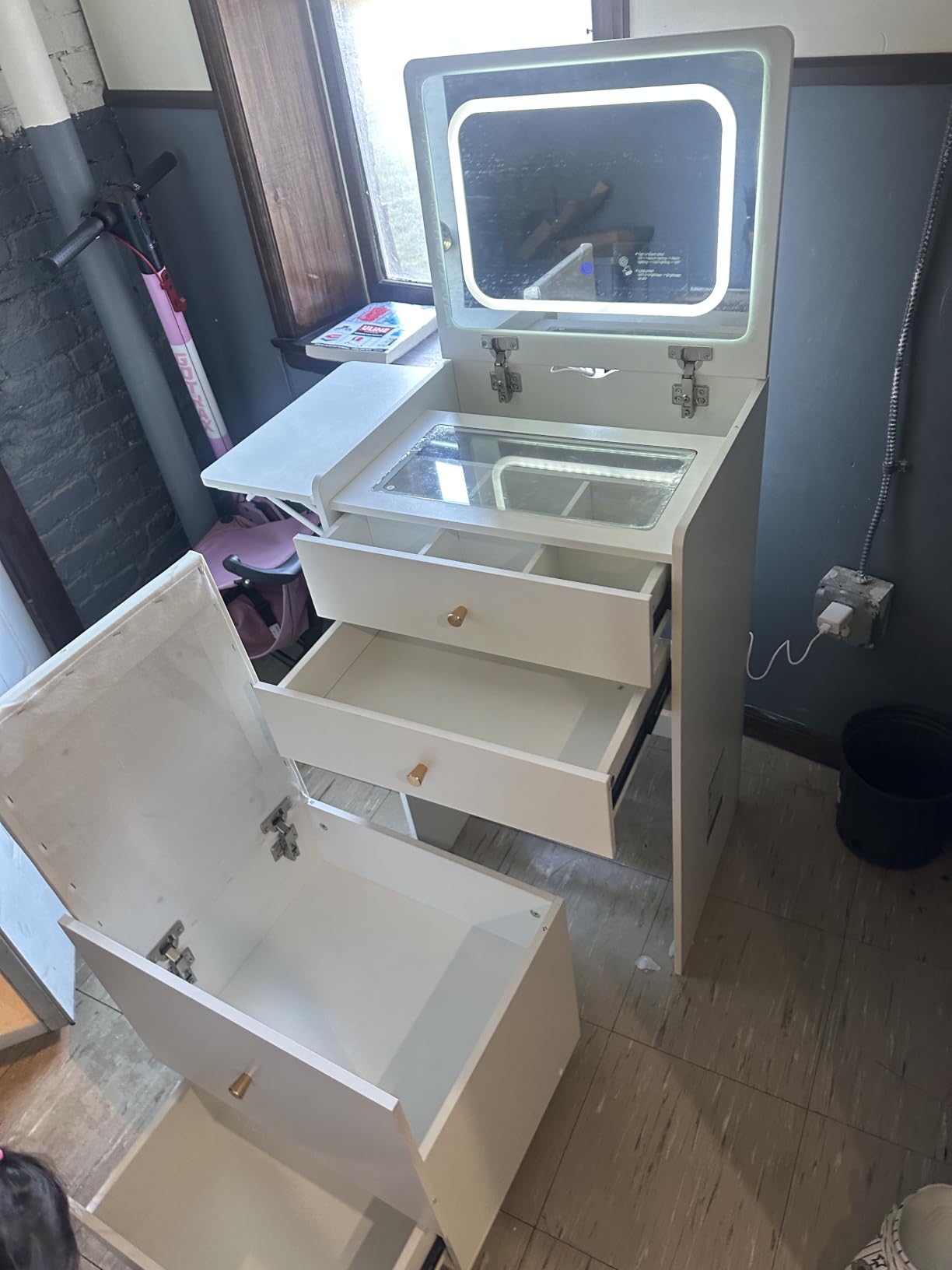 COMHOMA Makeup Vanity Desk with Mirror and Lights, Small 3 in 1 Vanity Table with Visible Glass Top, Flip Top & 3 Drawers, Compact Dressing with Storage Stool for Room or Office customer photo 1