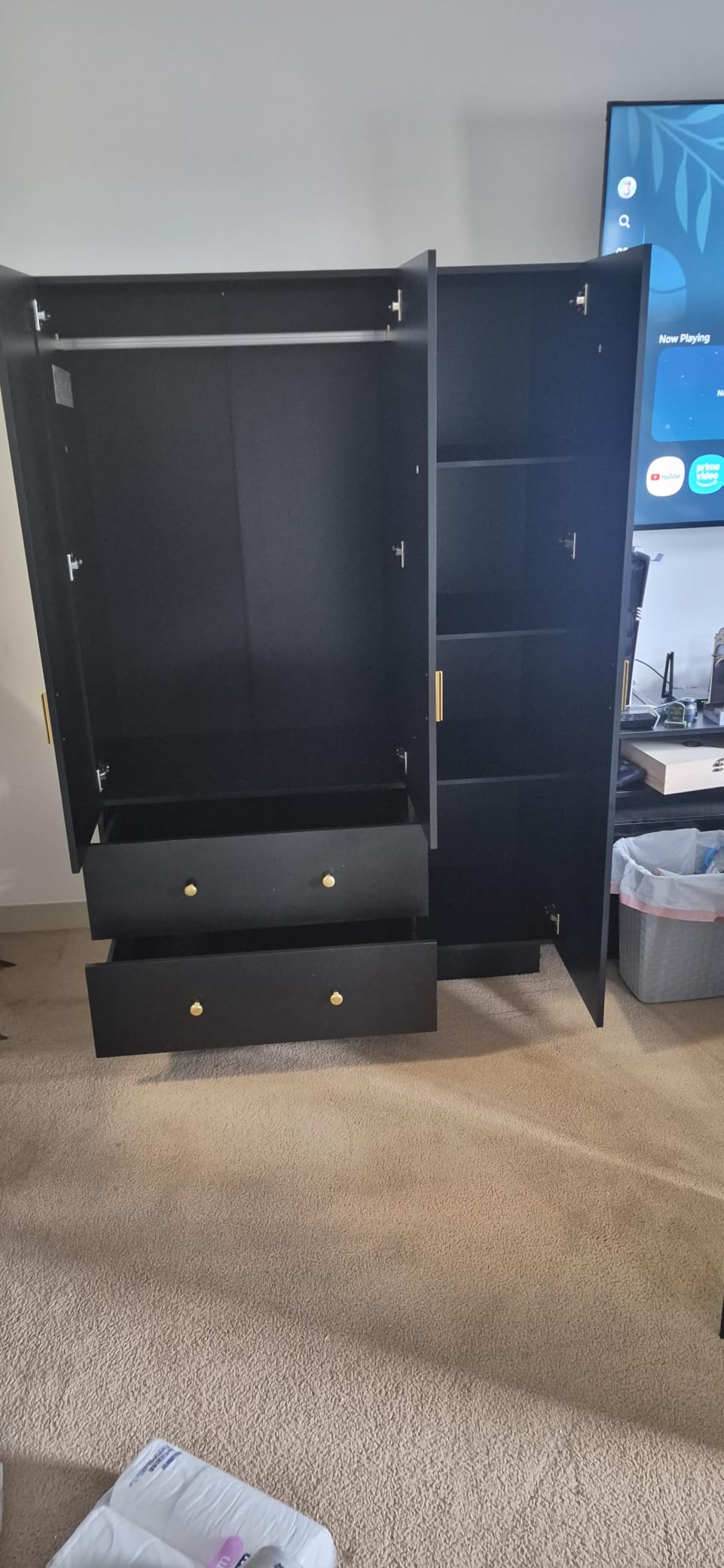 chartustriable 2 Doors Armoire Wardrobe Closet with Mirror, LED Closet with Doors and Drawers, Wooden Wardrobe Storage Cabinet with Hanging Rod, Small Armoire, Black customer photo 1