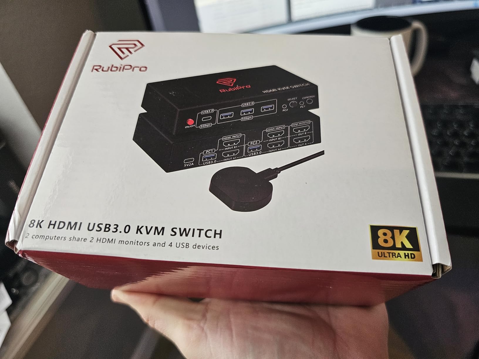 HDMI KVM Switch 2 Monitors 2 Computers – 8K@60Hz, 4K@120Hz, 4 Port USB 3.0 Hub (5Gbps), Wired Remote, Plug & Play for Windows/Mac/Linux with an additionl Braided 8K HDMI Cable customer photo 2