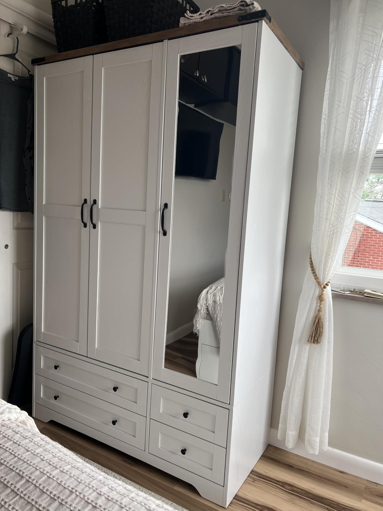 Yechen 3-Door Wooden Armoire Wardrobe Closet with Drawers and Shelves, Bedroom Armoires Closet with Mirror for Hanging Clothes, Coat, Farmhouse Wardrobe Cabinet for Large Storage Needed customer photo 2