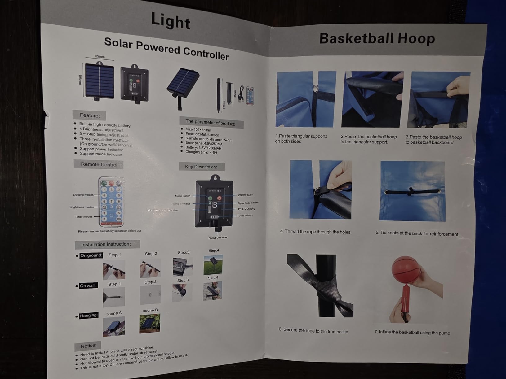 3-in-1 Trampoline Accessories Kit: 360°Rotating Water Sprinkler, 50FT Solar-Powered LED Lights & Kids Basketball Hoop with 3 Mini Balls / 8 Light Modes, Universal Fit for 8-16ft Trampolines customer photo 1