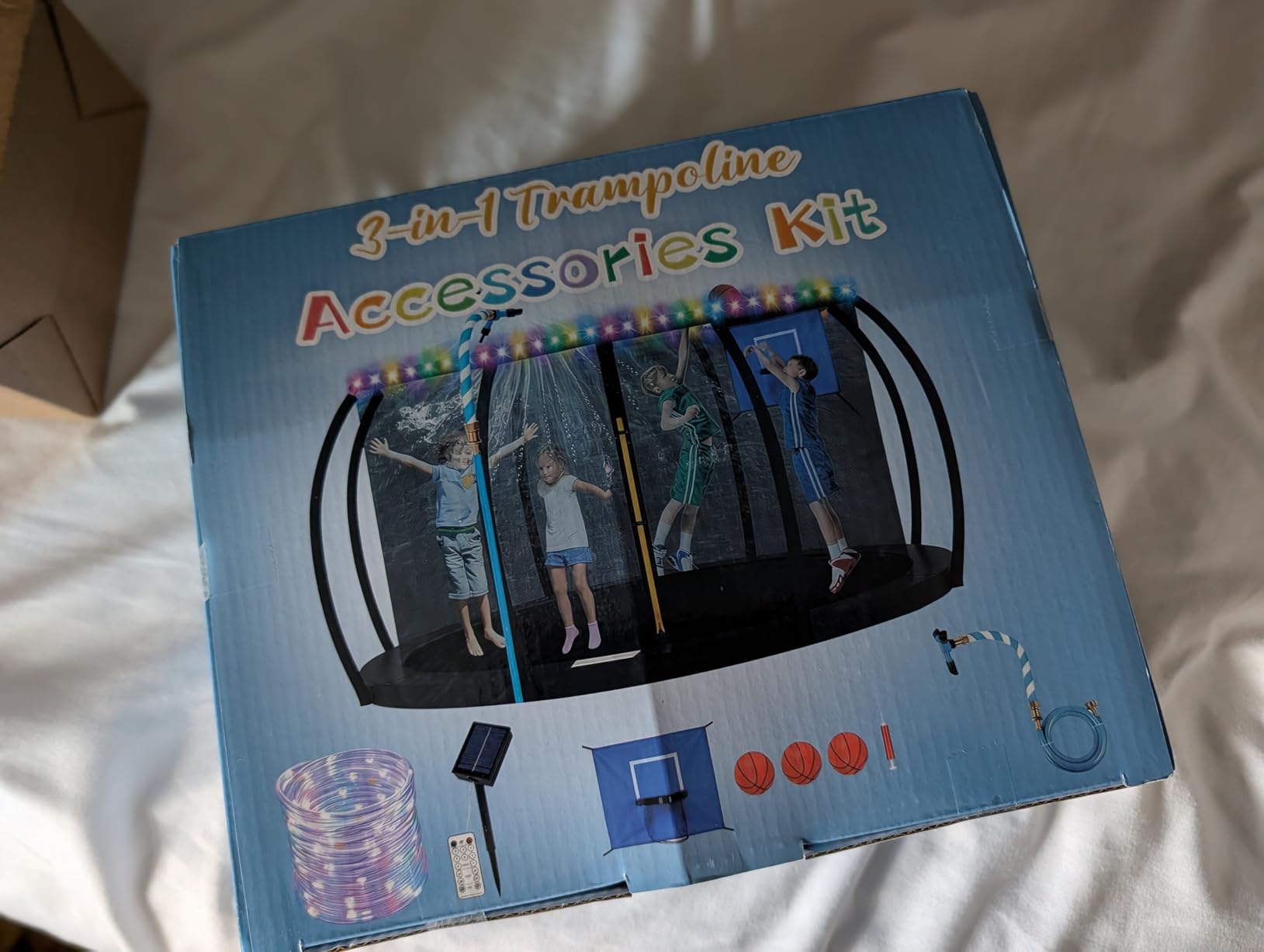 3-in-1 Trampoline Accessories Kit: 360°Rotating Water Sprinkler, 50FT Solar-Powered LED Lights & Kids Basketball Hoop with 3 Mini Balls / 8 Light Modes, Universal Fit for 8-16ft Trampolines customer photo 2