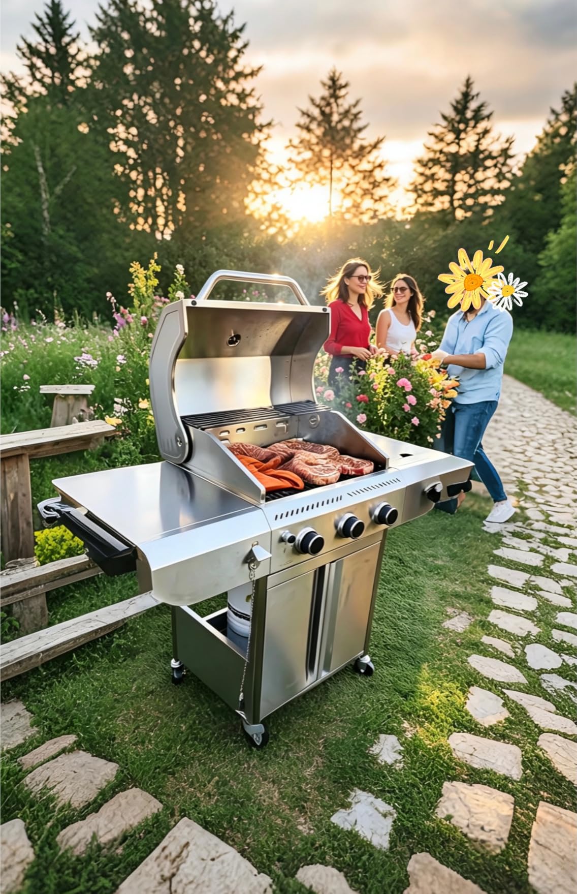 Electactic 3-Burner Propane Gas Grill with Side Burner, 34,000 BTU Stainless Steel BBQ Grill with Enameled Cast Iron Grates, Built-In Thermometer, Barbecue Grill for Outdoor Cooking, Patio, Tailgates customer photo 1