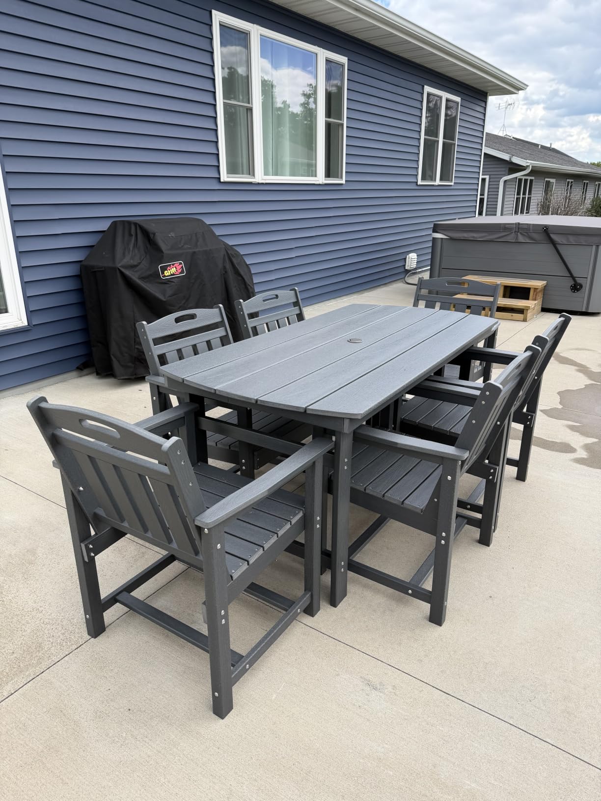 HDPE Outdoor Patio Dining Table & 6 Stackable Armless Chairs Set, Teak customer photo 1