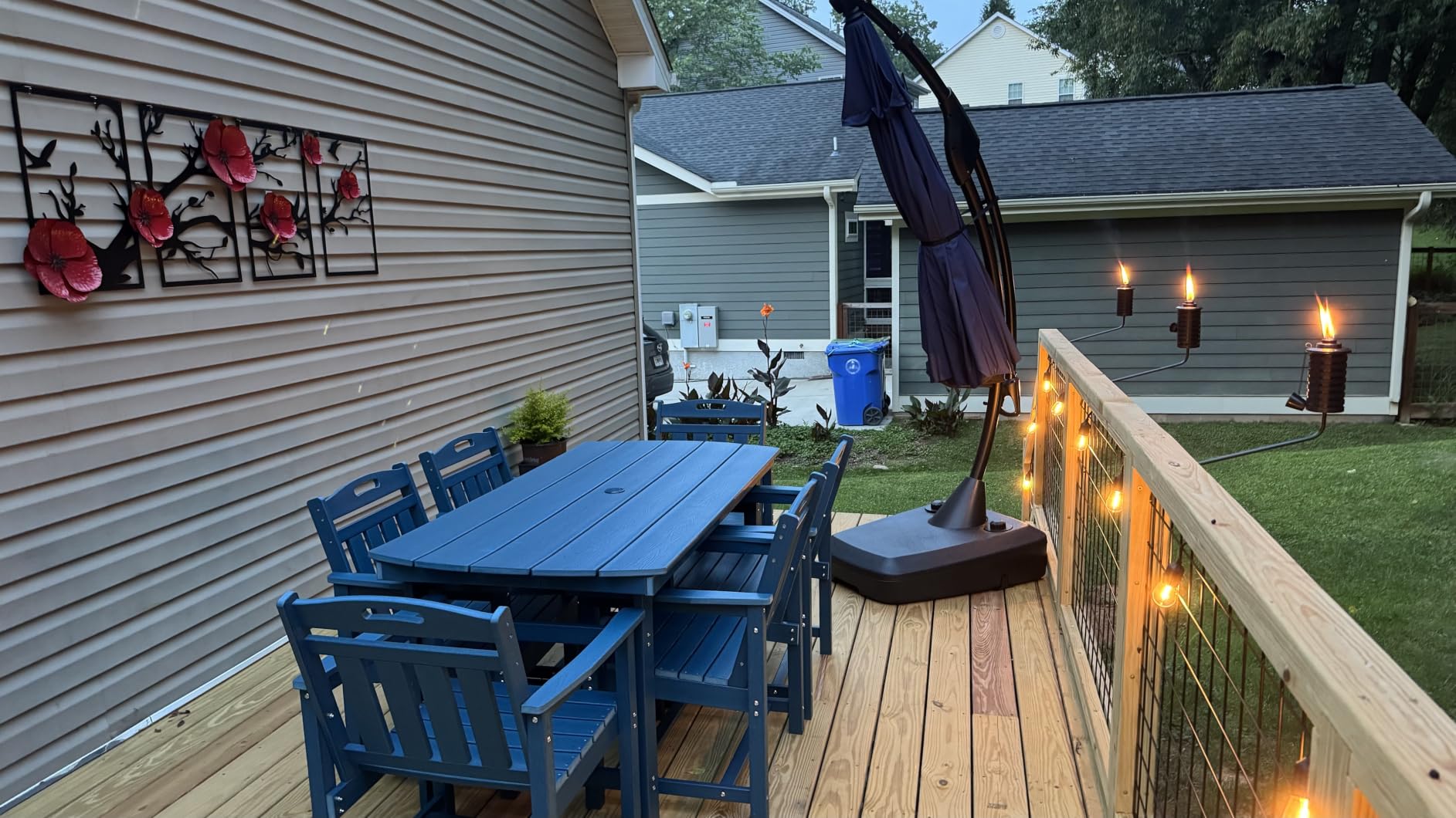 HDPE Outdoor Patio Dining Table & 6 Stackable Armless Chairs Set, Teak customer photo 2