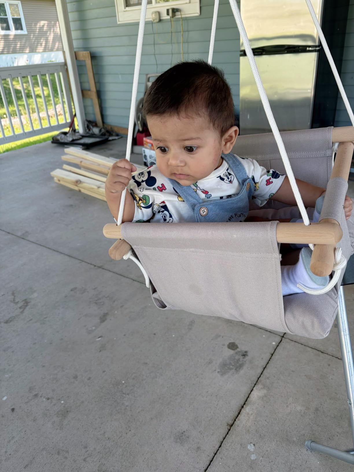 CaTeam Canvas Baby Swing Seat with 5-Point Safety Belt — Wooden Hanging Toddler Swing, Indoor & Outdoor, Ages 1-4, Ceiling Mount Hardware Included, Taupe Gray customer photo 1
