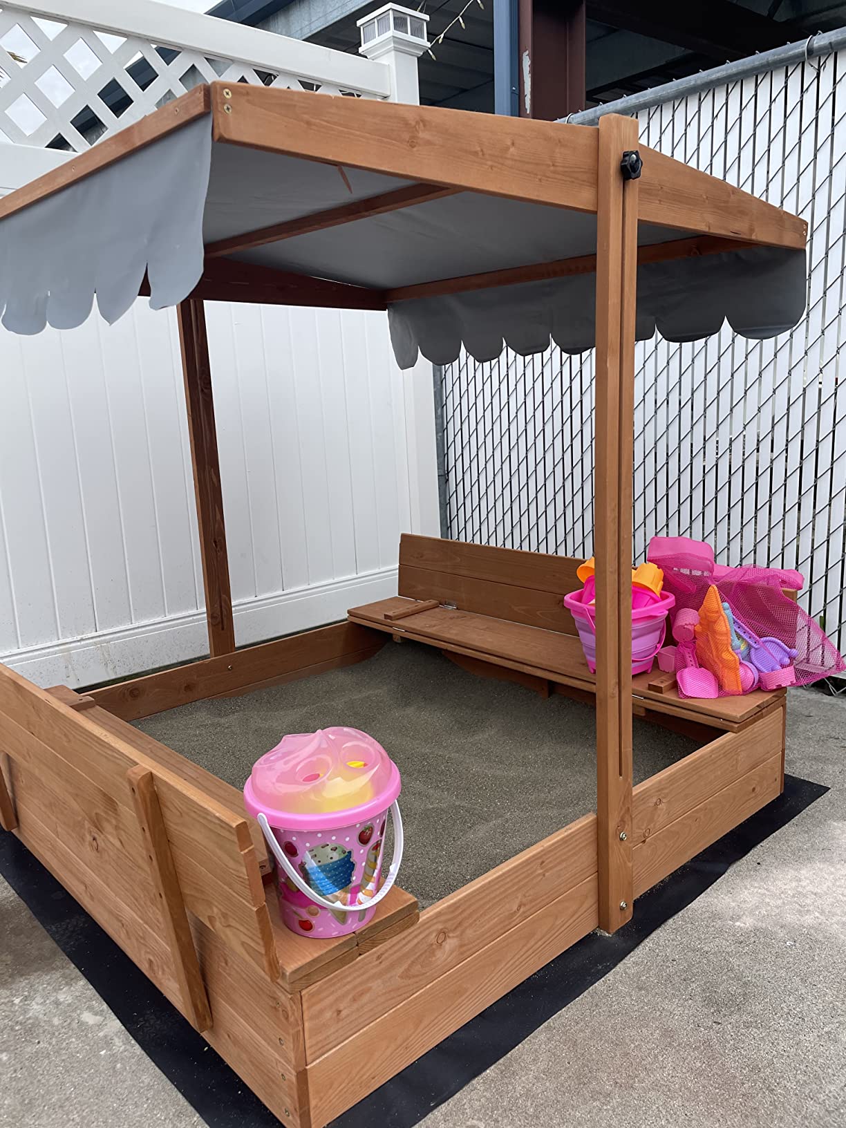 YOLENY Sandbox with Lid,Kids Sandbox with Cover Outdoor,Wooden Sand Box with 2 Foldable Bench Seats for Ages 2-8, Adjustable UV-Resistant Roof & Bottom Liner for Backyard,Beach customer photo 2
