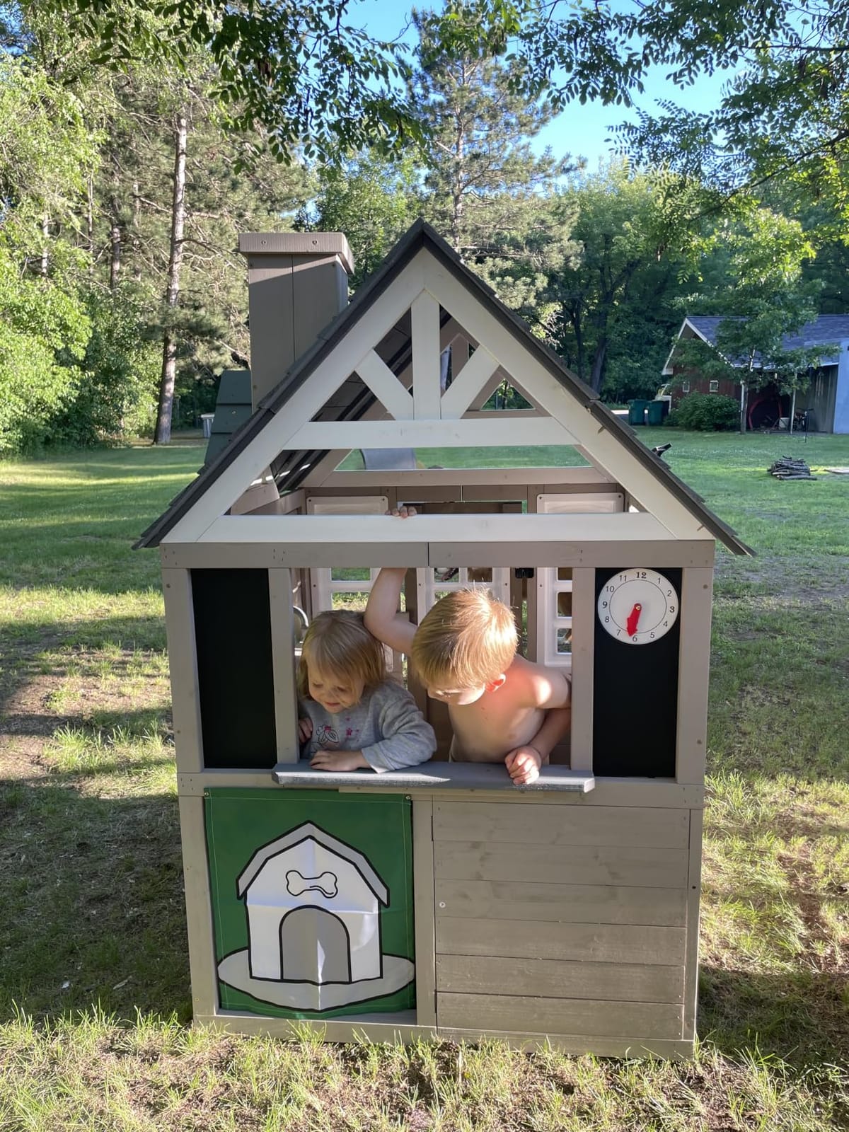 Kids Outdoor Playhouse,Cedar Gray Wooden Play House for Kids Ages 3-8, with Play Kitchen, Interactive Doorbell, Toy Phone, Sink, Flowerpot customer photo 1