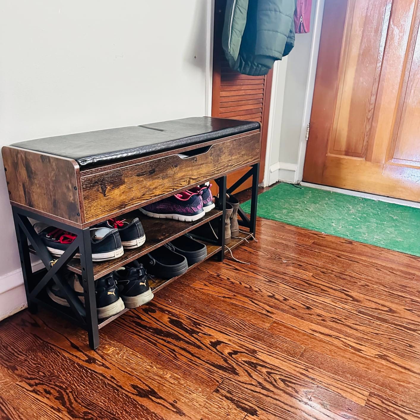 Shoe Bench, Lift Top Shoe Storage Bench, Adjustable Shelf Entryway Bench, Metal and Wood Shoe Rack Organizer with Cushion for Entry, Bedroom, Closet, Living Room, Hallway (Brown, 35.5“W) customer photo 1