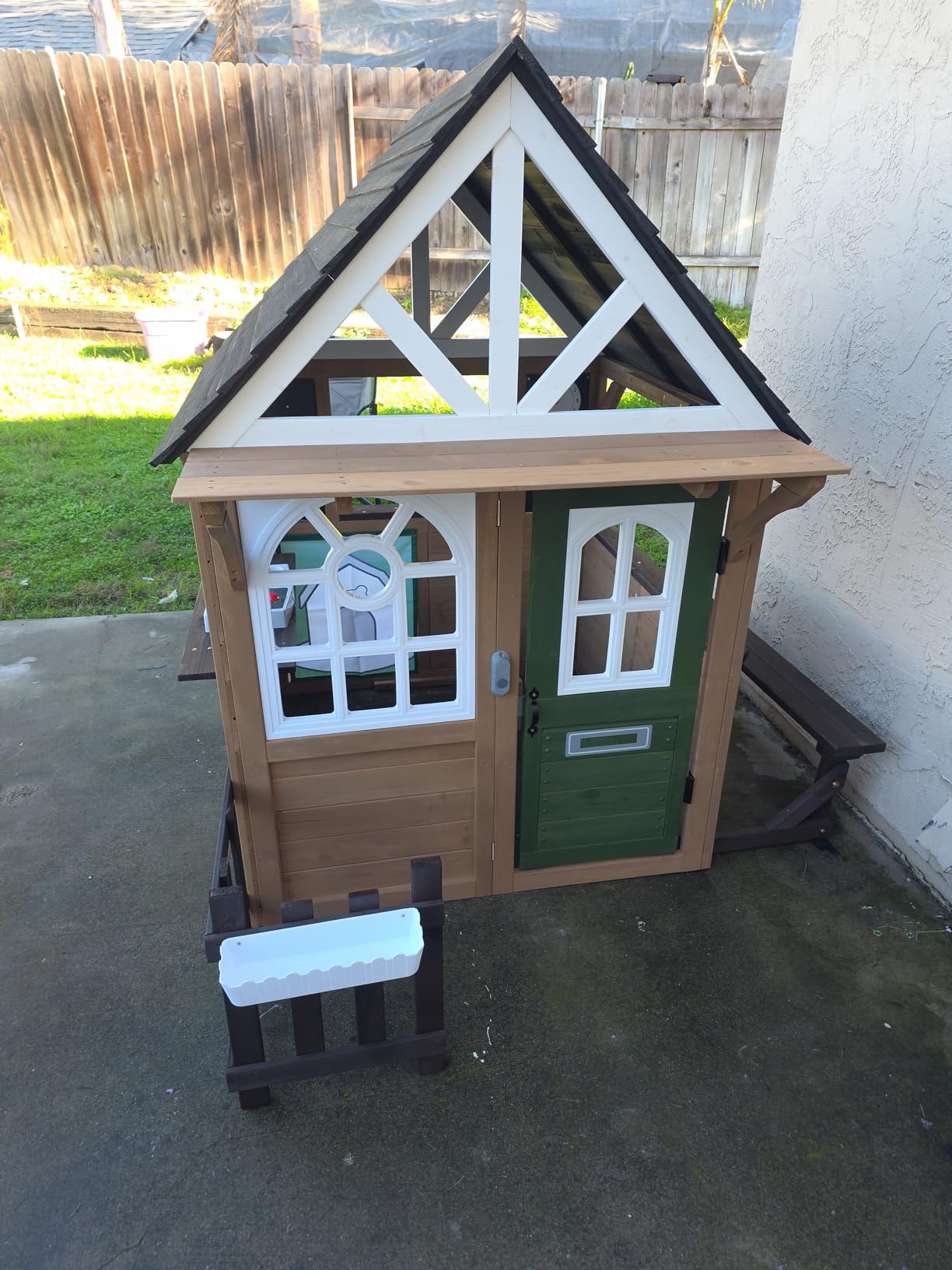 Seizeen Outdoor Play House for Kids, Fir Wooden Kids Playhouse Outdoor Indoor Cottage Toddler Playhouse with Kitchen, Dutch Door, Bench, Flowerpot Holders, Working Doorbell, Pet Hole, Clock (Brown) customer photo 1