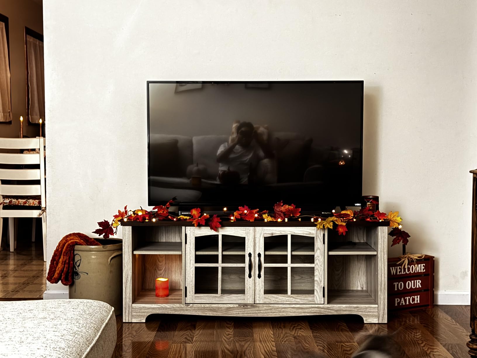 LINSY HOME TV Stand for 75 Inch TV, Modern Farmhouse Entertainment Center with Storage Cabinets and Glass Doors, Tall Media Console Table for Living Room, Bedroom, Large Long Television Stand, Beige customer photo 1