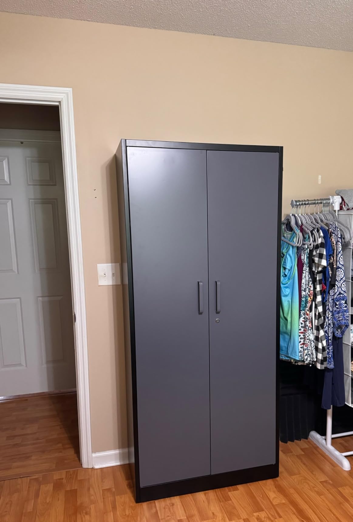 Wide & Deep Metal Storage Cabinet with Hanging Rod,White Broom Closet Storage Cabinet with Lock,72
