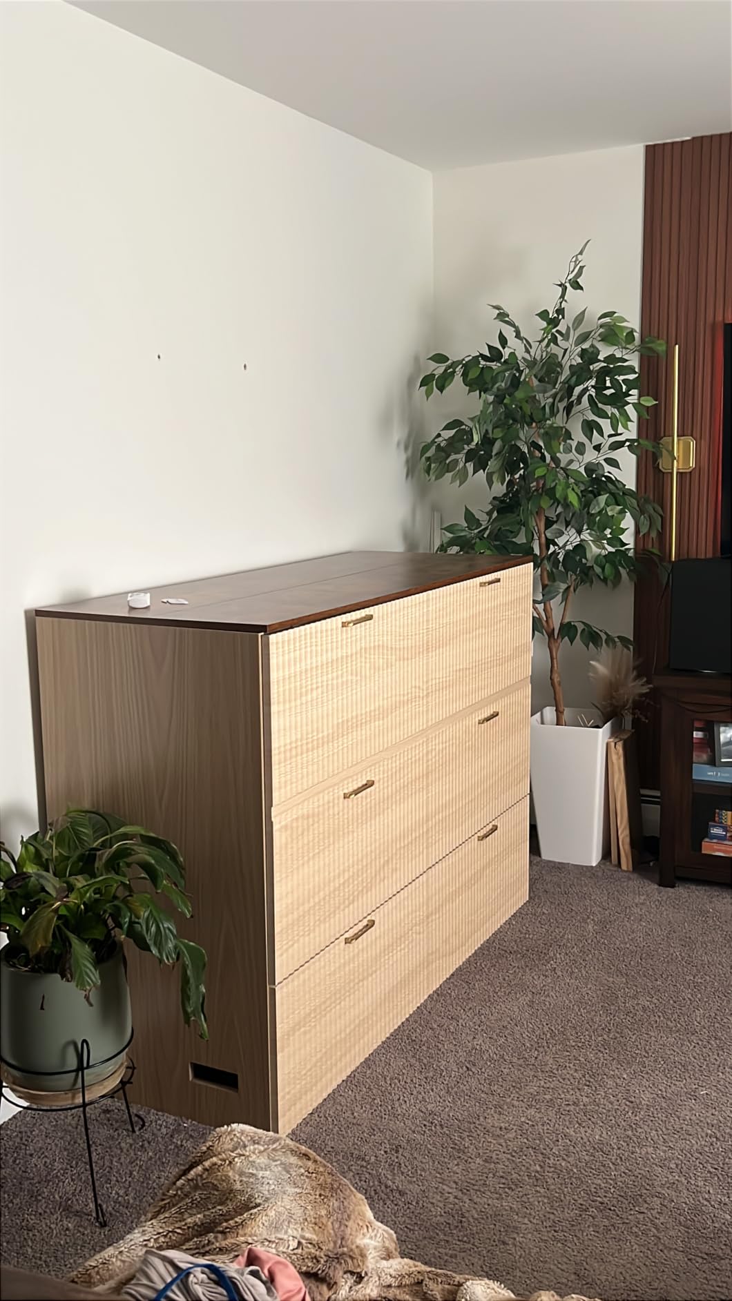 VINGLI Queen Murphy Bed with Storage Drawer,2 Charging Station,Rustic & Scandinavian Style Foldable Bed Cabinet,Hideaway Paltform Panel Bed for Small Room,Guest Room,Office,Apartment,Golden Brown customer photo 1