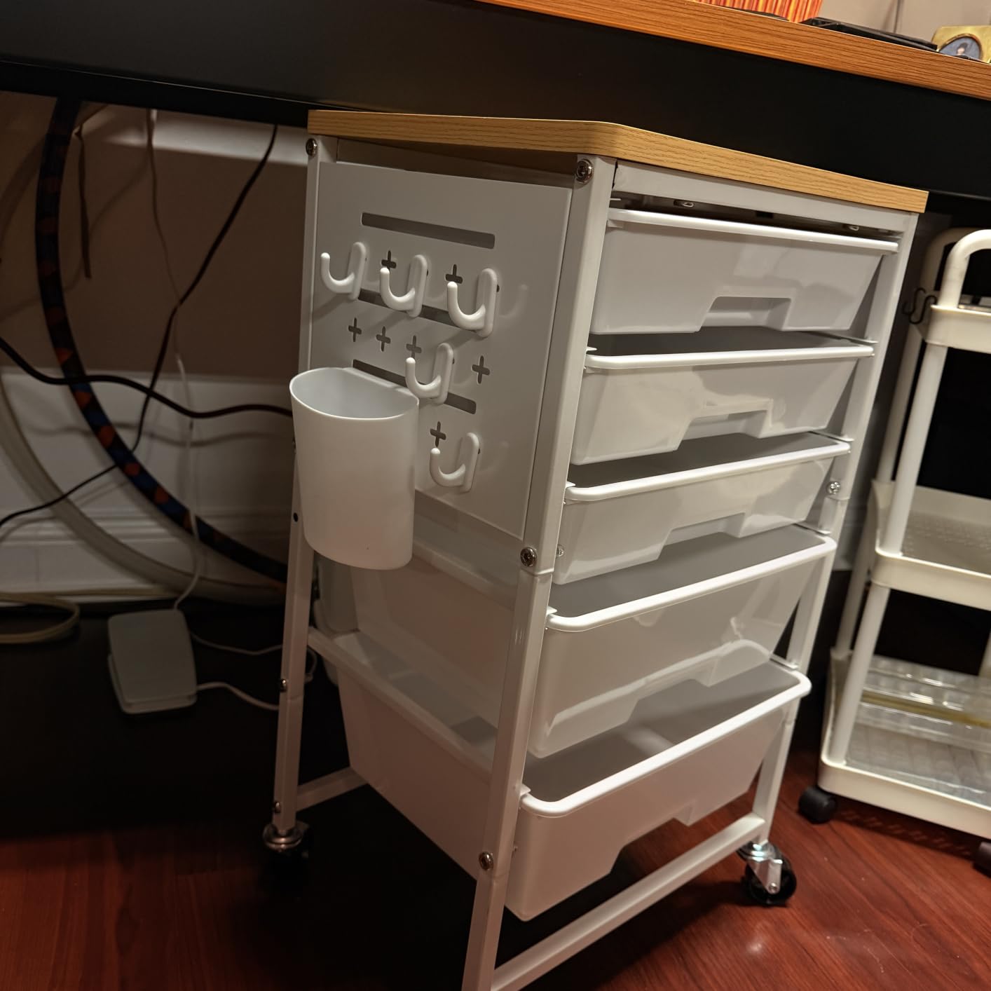 ALVOROG Rolling Storage Cart with 5 Drawers,Pegboards,Wooden Top,Bins,Green customer photo 1